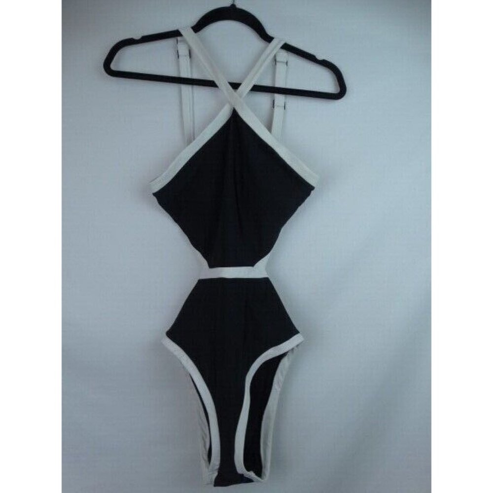 Aerie Women's Swimsuit Black White Size Medium One Piece Swim Open Back & Sides